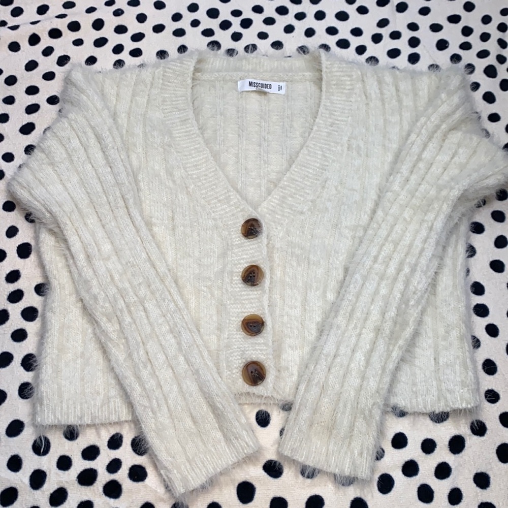 Misguided Super Cozy Fuzzy Cropped Cream Cardigan